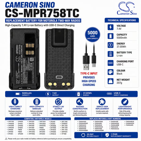 Motorola PMNN4409 Replacement Battery 5000mAh 7.4V USB-C Two-Way Radio Cameron Sino Technology Limited