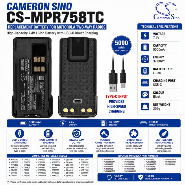 Motorola PMNN4409 Replacement Battery 5000mAh 7.4V USB-C Two-Way Radio Cameron Sino Technology Limited
