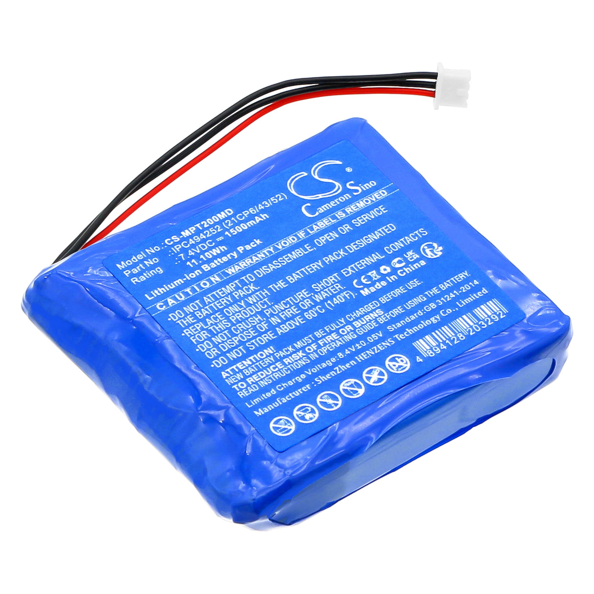 7.4V, Li-ion, 1500mAh, Medical battery fits Medcaptain, Ipc494252 (21cp6/43/52), Tp-20s, 11.10Wh Medical Cameron Sino Technology Limited (Medical)