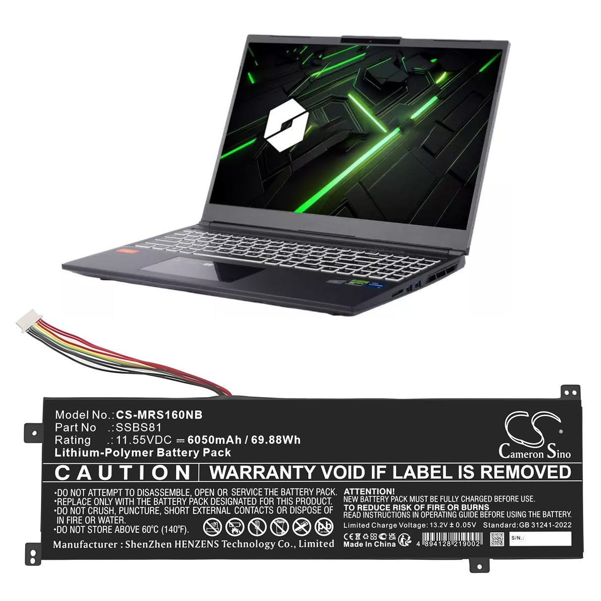 11.55V, Li-Polymer, 6050mAh, Notebook, Laptop battery fits Mechrevo, Ssbs81, 16 Pro, 16hd-5bb6u 16hds-7bb6u, 69.88Wh Notebook, Laptop Cameron Sino Technology Limited