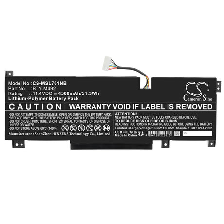 11.4V, Li-Polymer, 4500mAh, Notebook, Laptop battery fits MSI, BTY-M492, Bravo 15 B5DD-007XES, Bravo 15 B5DD-012XES, 51.3Wh Notebook, Laptop Cameron Sino Technology Limited
