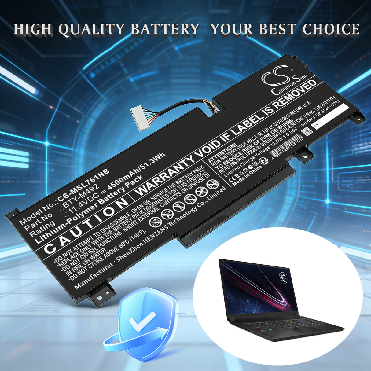 11.4V, Li-Polymer, 4500mAh, Notebook, Laptop battery fits MSI, BTY-M492, Bravo 15 B5DD-007XES, Bravo 15 B5DD-012XES, 51.3Wh Notebook, Laptop Cameron Sino Technology Limited