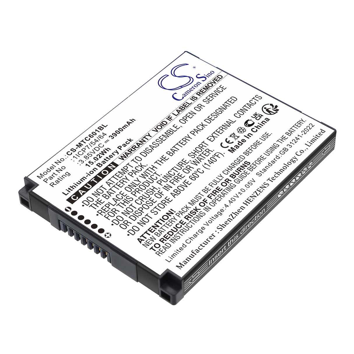 3.85V, Li-ion, 3900mAh, Barcode Scanner battery fits iMozen, 1ICP7/54/64, TC601, TC601A, 15.02Wh Barcode Scanner Cameron Sino Technology Limited