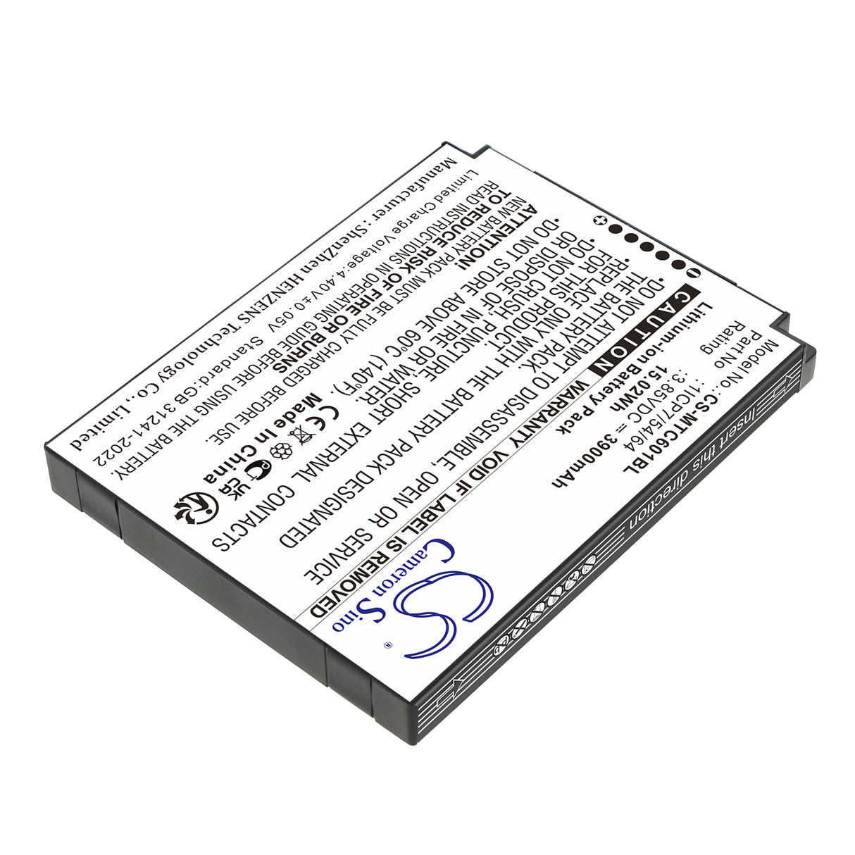3.85V, Li-ion, 3900mAh, Barcode Scanner battery fits iMozen, 1ICP7/54/64, TC601, TC601A, 15.02Wh Barcode Scanner Cameron Sino Technology Limited