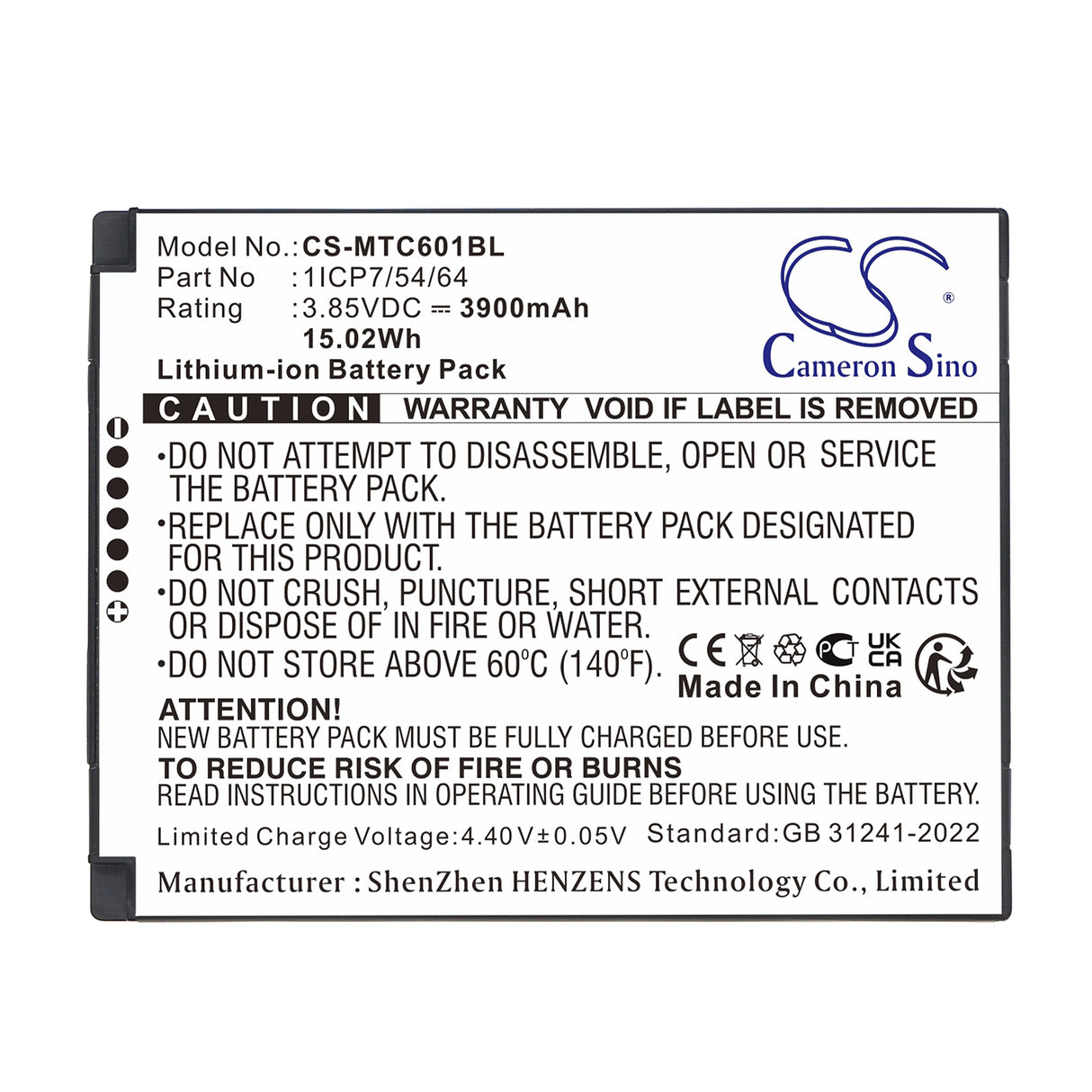 3.85V, Li-ion, 3900mAh, Barcode Scanner battery fits iMozen, 1ICP7/54/64, TC601, TC601A, 15.02Wh Barcode Scanner Cameron Sino Technology Limited