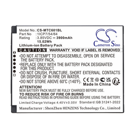 3.85V, Li-ion, 3900mAh, Barcode Scanner battery fits iMozen, 1ICP7/54/64, TC601, TC601A, 15.02Wh Barcode Scanner Cameron Sino Technology Limited