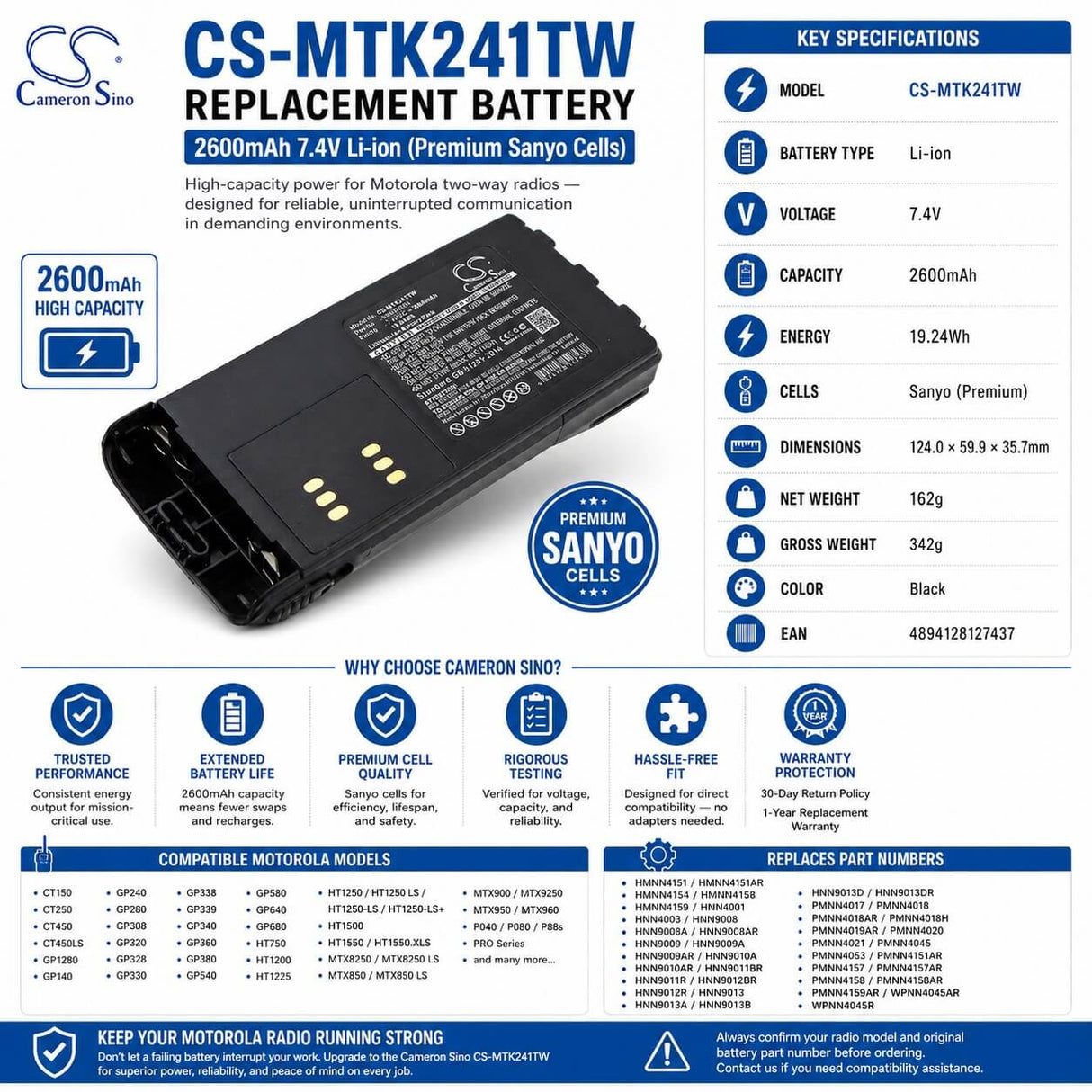 7.4V, Li-ion, 2600mAh, Two-Way Radio battery fits Motorola, Hmnn4151, Gp1280, Gp140, 19.24Wh Two-Way Radio Cameron Sino Technology Limited