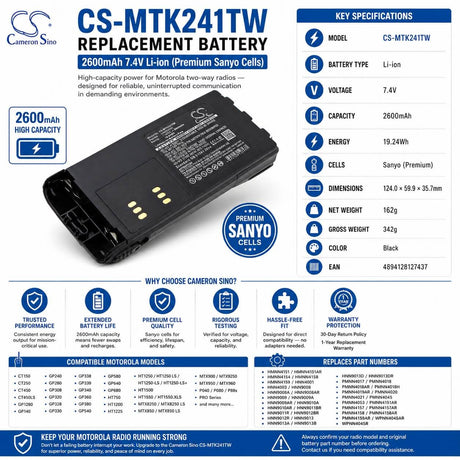 7.4V, Li-ion, 2600mAh, Two-Way Radio battery fits Motorola, Hmnn4151, Gp1280, Gp140, 19.24Wh Two-Way Radio Cameron Sino Technology Limited