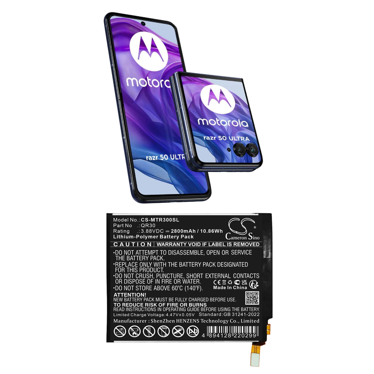 3.88V, Li-Polymer, 2800mAh, Mobile, SmartPhone battery fits Motorola, QR30, Razr 50 Ultra, RAZR 50 Ultra 5G 5th, 10.86Wh Mobile, SmartPhone Cameron Sino Technology Limited