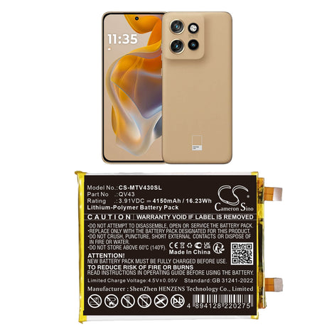 3.91V, Li-Polymer, 4150mAh, Mobile, Batterie de smartphone compatible avec Motorola, QV43, Moto Edge 50 Neo 5G, Moto S50 5G, 16.23Wh Mobile, Smartphone Cameron Sino Technology Limited