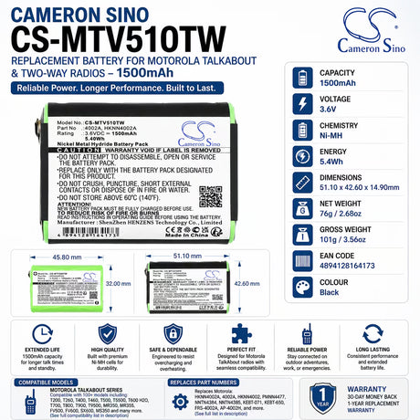 3.6V, Ni-MH, 1500mAh, Two-Way Radio battery fits Motorola, 1532, Em1000, Em1000r, 5.4Wh Two-Way Radio Cameron Sino Technology Limited