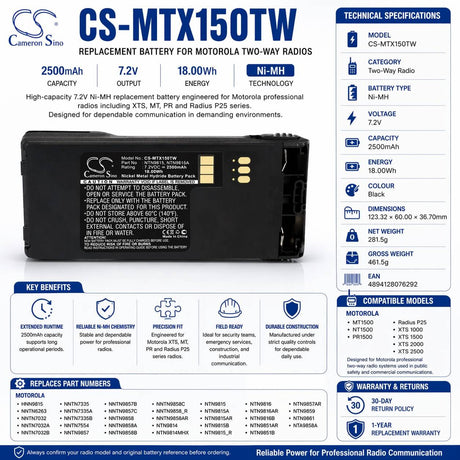 Nimh Two-Way Radio Battery For Motorola Xts1500, Xts2500, Pr1500 7.5v, 2500mah - 18.75wh Two-Way Radio Cameron Sino Technology Limited