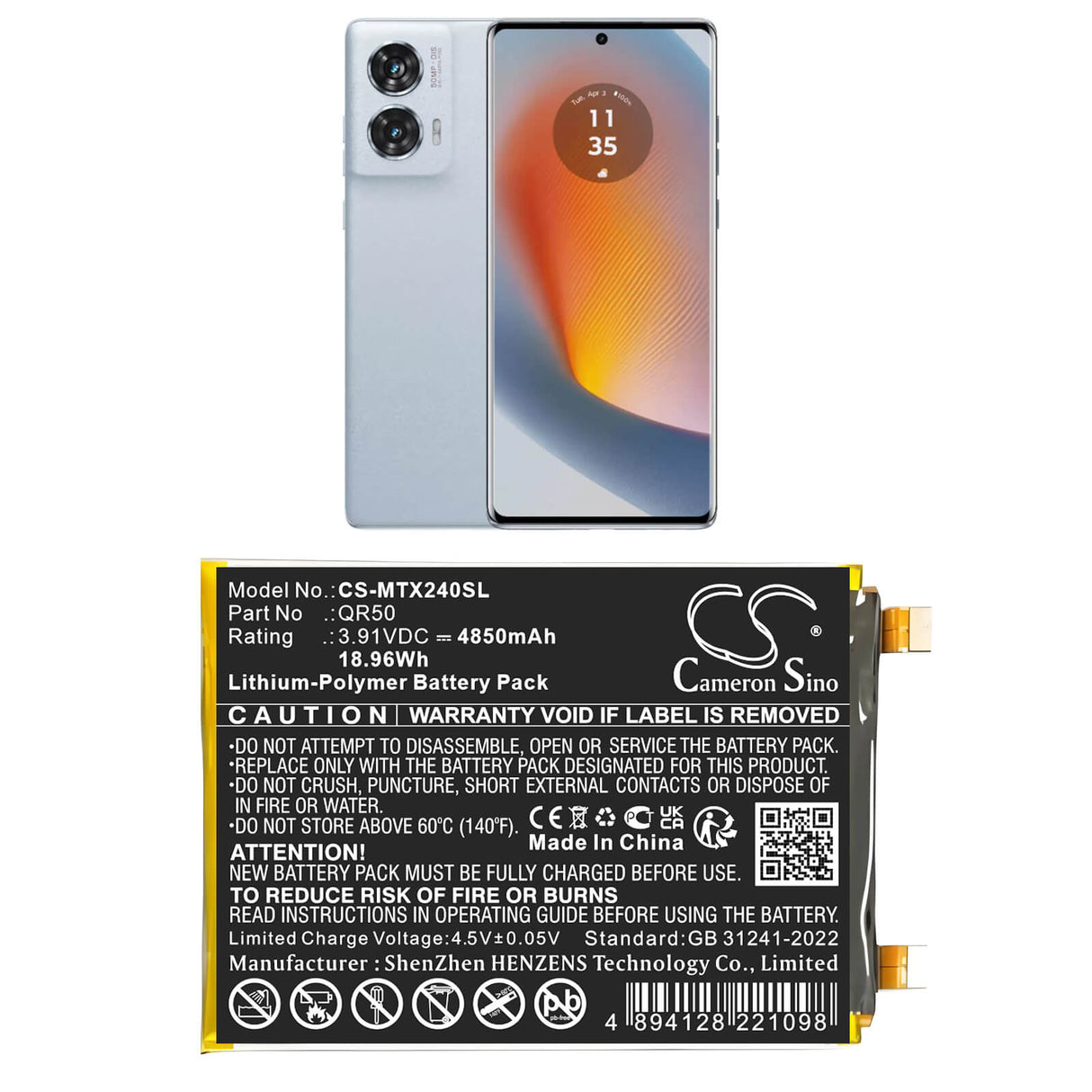 3.91V, Li-Polymer, 4850mAh, Mobile, SmartPhone battery fits Motorola, QR50, Moto Edge 50 5G, XT2407, 18.96Wh Mobile, SmartPhone Cameron Sino Technology Limited