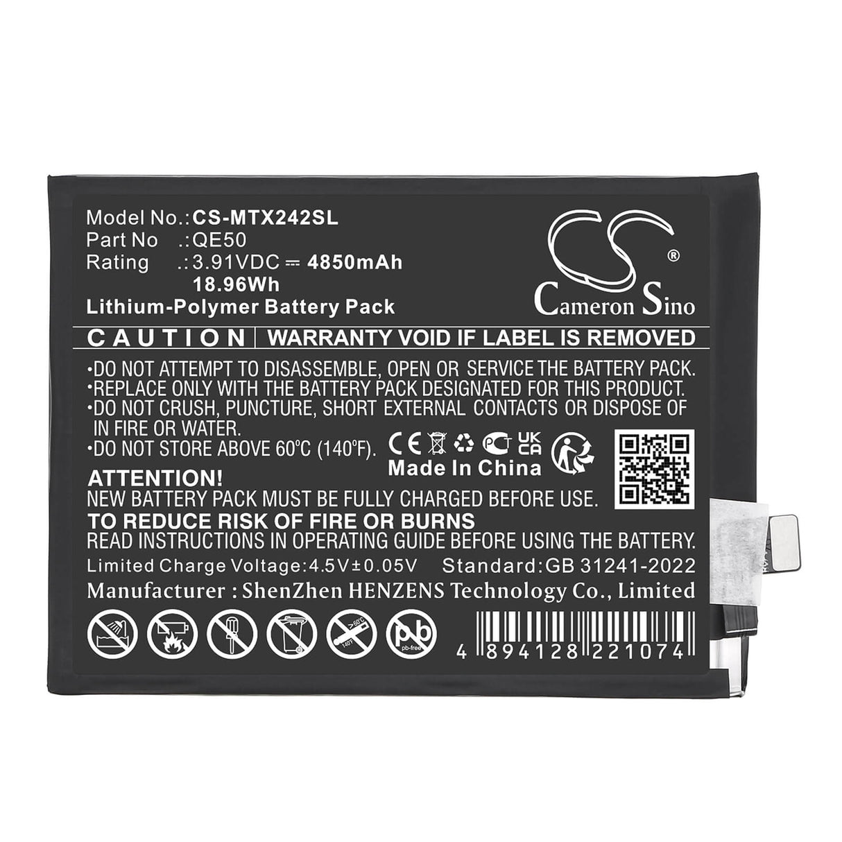3.91V, Li-Polymer, 4850mAh, Mobile, SmartPhone battery fits Motorola, QE50, Moto G85 5G, Moto S50 Neo 5G, 18.96Wh Mobile, SmartPhone Cameron Sino Technology Limited
