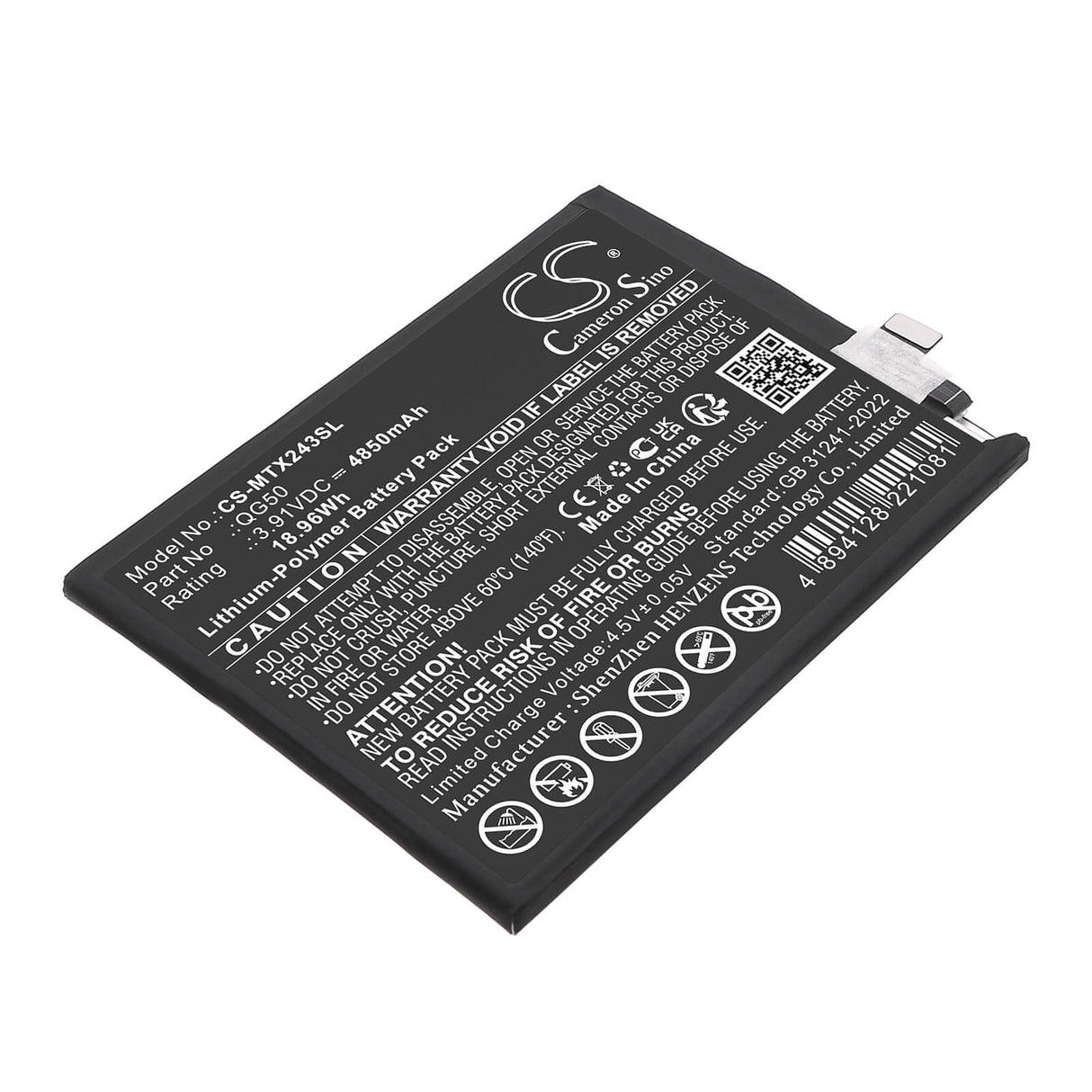 3.91V, Li-Polymer, 4850mAh, Mobile, SmartPhone battery fits Motorola, QG50, Moto G35 5G, XT2433-1, 18.96Wh Mobile, SmartPhone Cameron Sino Technology Limited