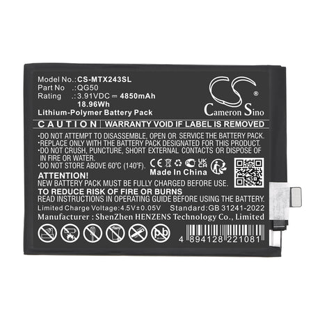 3,91V, Li-Polymère, 4850mAh, Batterie Mobile, Smartphone adaptée pour Motorola, QG50, Moto G35 5G, XT2433-1, 18,96Wh Mobile, Smartphone Cameron Sino Technology Limited