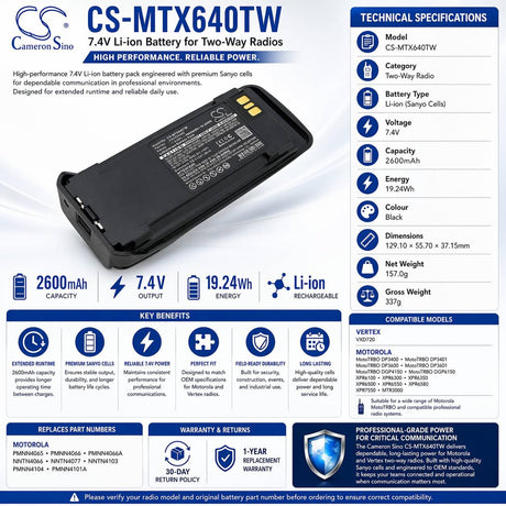 Cameron Sino CS-MTX640TW Battery for Motorola MotoTRBO & Vertex Radios – 2600mAh Two-Way Radio Cameron Sino Technology Limited
