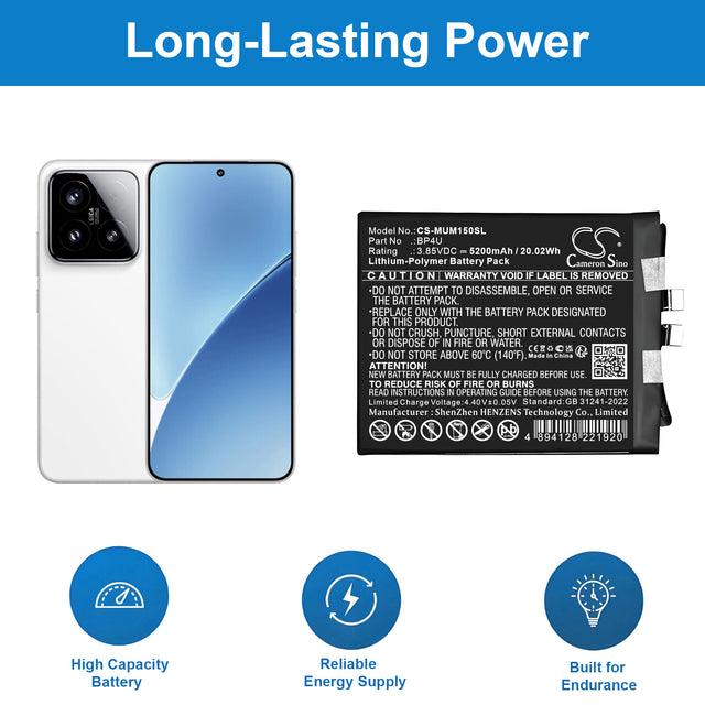 3.85V, Li-Polymer, 5200mAh, Mobile, SmartPhone battery fits Xiaomi, BP4U, 24129PN74C, 24129PN74G, 20.02Wh Mobile, SmartPhone Cameron Sino Technology Limited