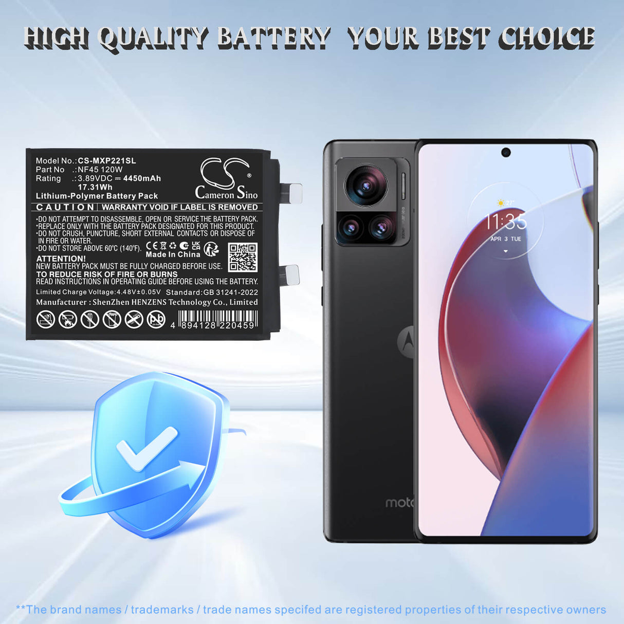 3.89V, Li-Polymer, 4450mAh, Mobile, SmartPhone battery fits Motorola, NF45 120W, Edge 30 Ultra (120W), Moto X30 Pro (120W), 17.31Wh Mobile, SmartPhone Cameron Sino Technology Limited