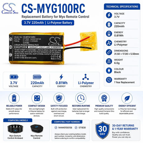 3.7V, Li-Polymer, 220mAh, Remote Control battery fits Myo, Gesture Control Armband, 0.81Wh Remote Control Cameron Sino Technology Limited