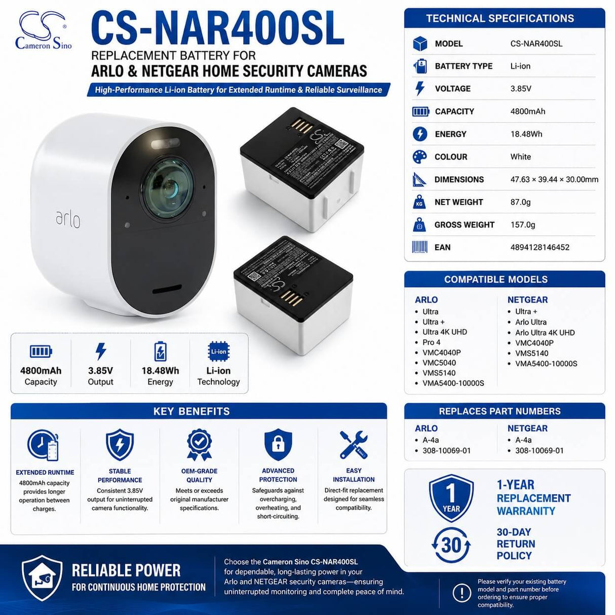Security camera battery For Arlo & Netgear, Ultra, Ultra 4k Uhd 3.85v, 4800mah - 18.48wh Home Security Camera Cameron Sino Technology Limited