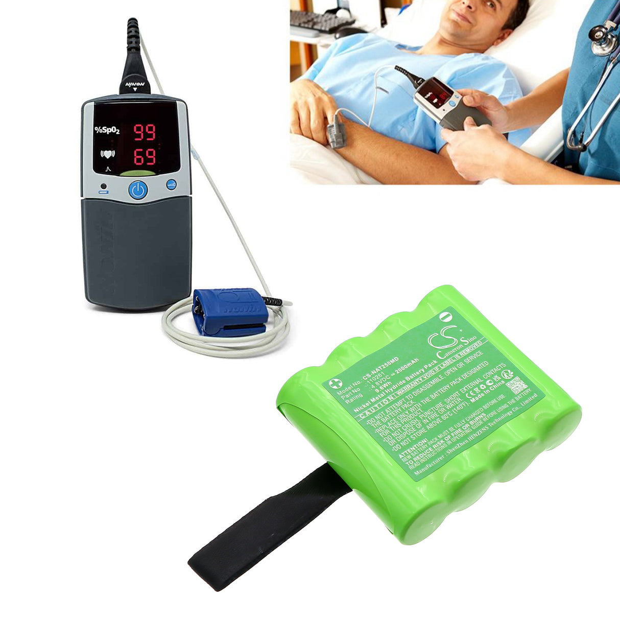4.8V, Ni-MH, 2000mAh, Medical battery fits Nonin, 110261, Palm Sat 2500 Pulse Oximeter, Pulseoximeter Palm Sat 2500, 9.6Wh Medical Cameron Sino Technology Limited (Medical)
