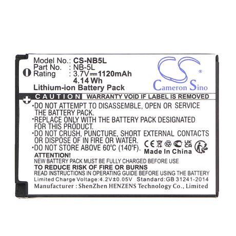 Camera Battery For Canon NB-5L, Digital Ixus 800 Is, 3.7v, 1120mah - 4.14wh Camera Cameron Sino Technology Limited (Camera)
