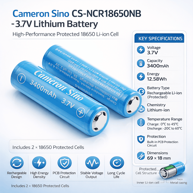 Lithium Ion Battery, 2pcs of 18650 Pack With Pcb Protection 3.7v, 3400mah 18650 Cameron Sino Technology Limited