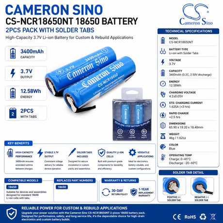 18650 Lithium Ion battery, 2pcs With Solder Tabs same direction 3.7v, 3400mah - 12.58wh 18650 Cameron Sino Technology Limited