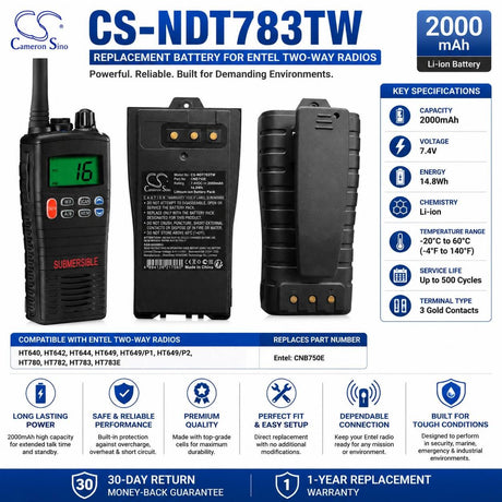 7.4V, Li-ion, 2000mAh, Two-Way Radio battery fits Entel, CNB750E, HT640, HT642, 14.8Wh Two-Way Radio Cameron Sino Technology Limited