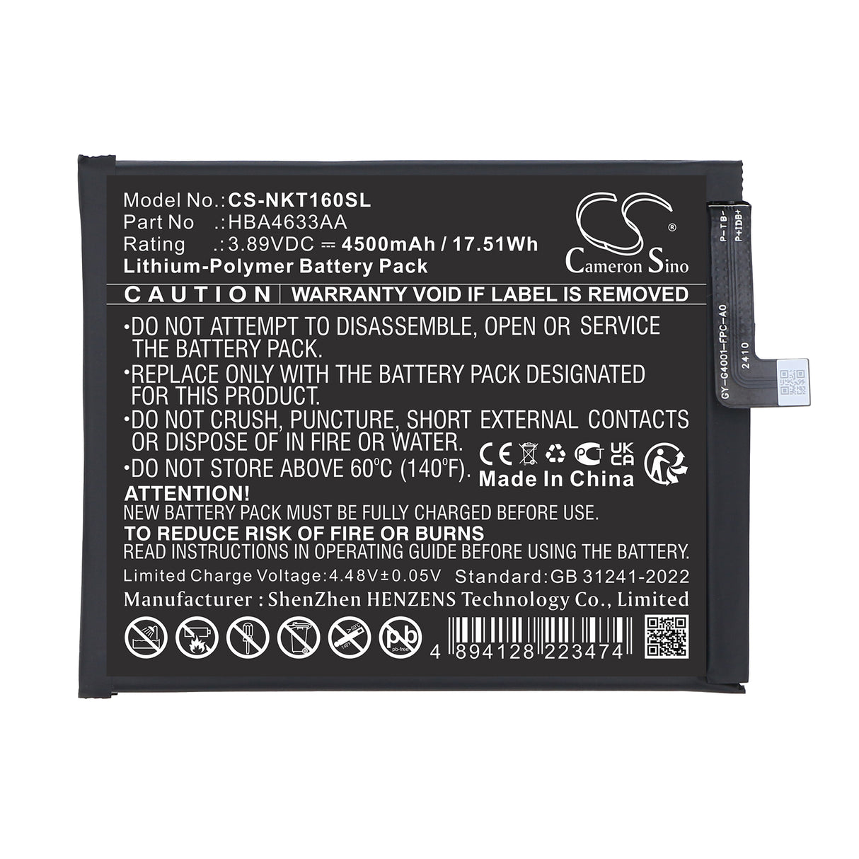 3.89V, Li-Polymer, 4500mAh, Mobile, SmartPhone battery fits HMD, HBA4633AA, Skyline, Skyline Business, 17.51Wh Mobile, SmartPhone Cameron Sino Technology Limited