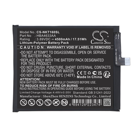 3.89V, Li-Polymer, 4500mAh, Mobile, SmartPhone battery fits HMD, HBA4633AA, Skyline, Skyline Business, 17.51Wh Mobile, SmartPhone Cameron Sino Technology Limited