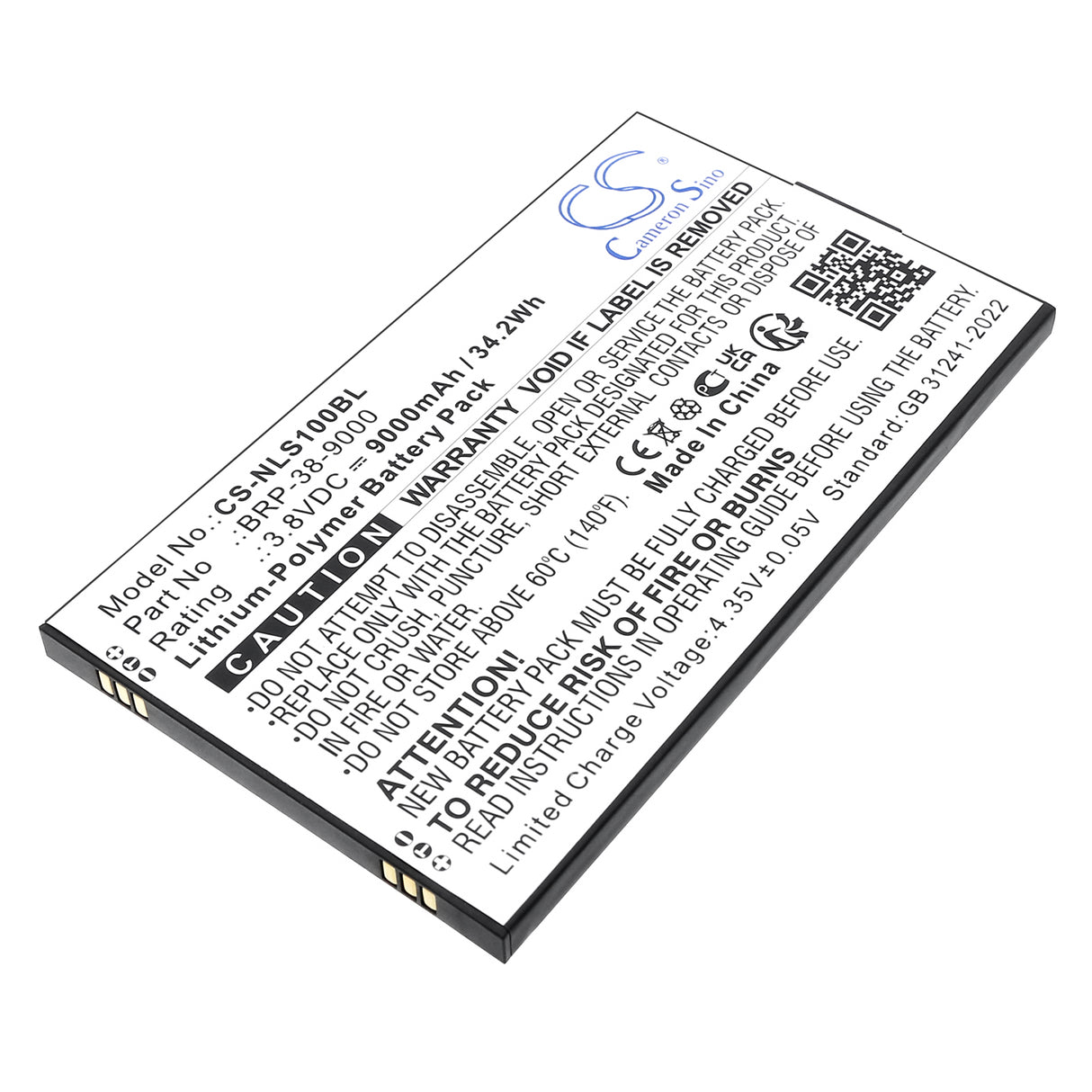 3.8V, Li-Polymer, 9000mAh, Tablet battery fits Newland, BRP-38-9000, SD100 Orion II MD, 34.2Wh Tablet Cameron Sino Technology Limited