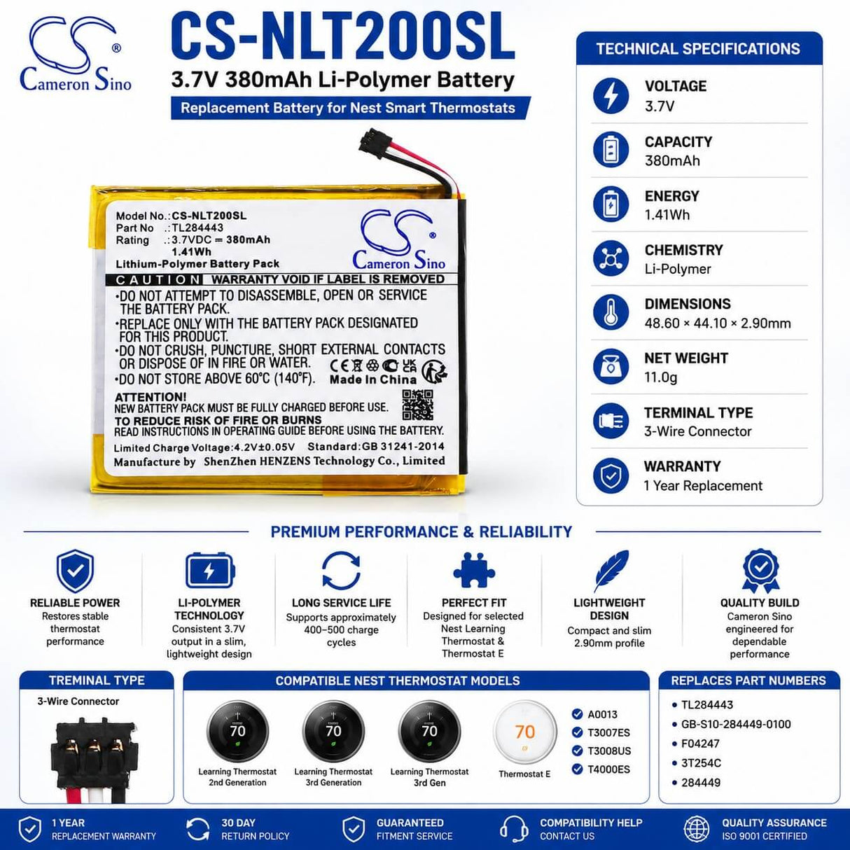 Thermostat battery For Nest, Learning Thermostat 2nd & 3rd Generation 3.7v, 380mah - 1.41wh Smart Home Cameron Sino Technology Limited
