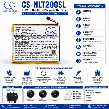 Thermostat battery For Nest, Learning Thermostat 2nd & 3rd Generation 3.7v, 380mah - 1.41wh Smart Home Cameron Sino Technology Limited