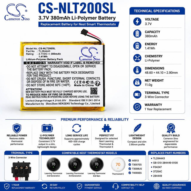Thermostat battery For Nest, Learning Thermostat 2nd & 3rd Generation 3.7v, 380mah - 1.41wh Smart Home Cameron Sino Technology Limited