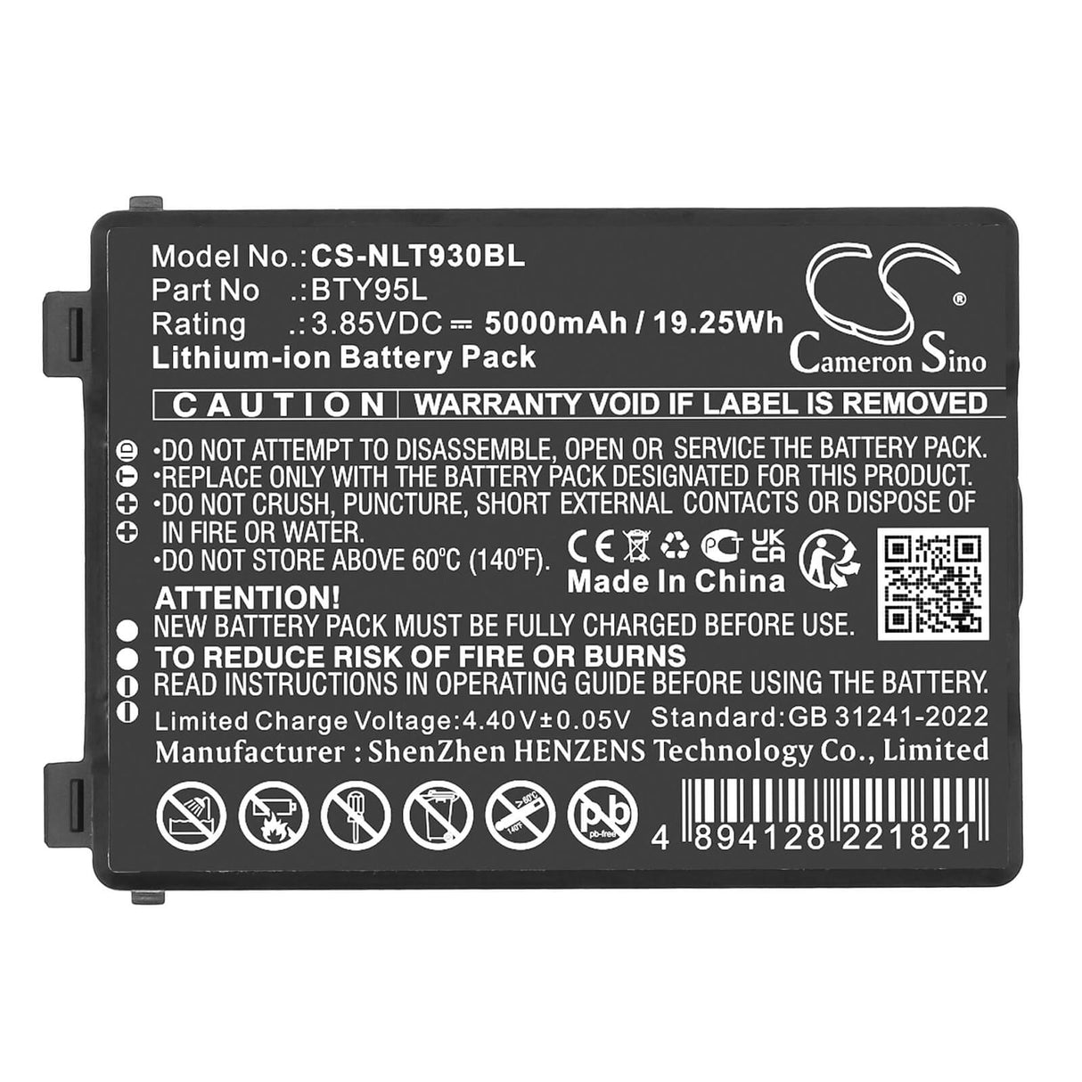 3.85V, Li-ion, 5000mAh, Barcode Scanner battery fits Newland, BTY95L, MT93, MT93 Megattera, 19.25Wh Barcode Scanner Cameron Sino Technology Limited