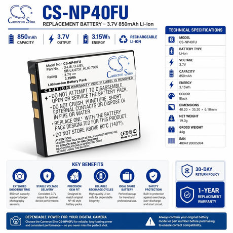 NP-40 / D-LI8 Camera Battery Replacement – 850mAh 3.7V Li-ion (Fits Fujifilm, Pentax, Kodak & More) Camera Cameron Sino Technology Limited (Camera)