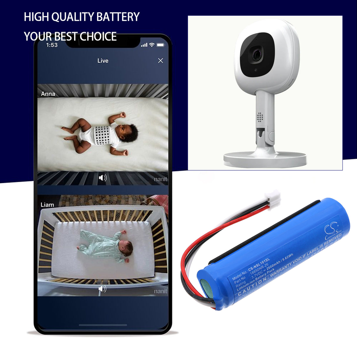 3.7V, Li-ion, 2600mAh, Speaker battery fits Nanit, 18650NR-26, L101, Sound and Light, 9.62Wh Speaker Cameron Sino Technology Limited