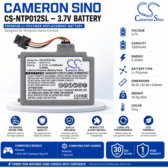 Nintendo WUP-012 Wii U GamePad Replacement Battery 1500mAh Game Console Cameron Sino Technology Limited