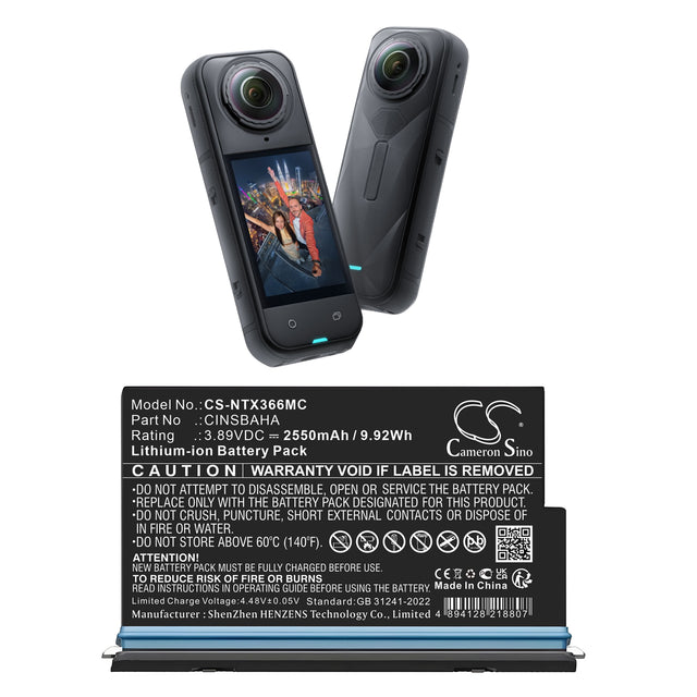 3.89V, Li-ion, 2550mAh, Camera battery fits Insta360, Cinsbaha, One X5, 9.92Wh Camera Cameron Sino Technology Limited