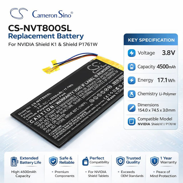 3.8V, Li-Polymer, 4500mAh, Tablet battery fits Nvidia, ST8, Shield K1, Shield P1761W, 17.1Wh Tablet Cameron Sino Technology Limited