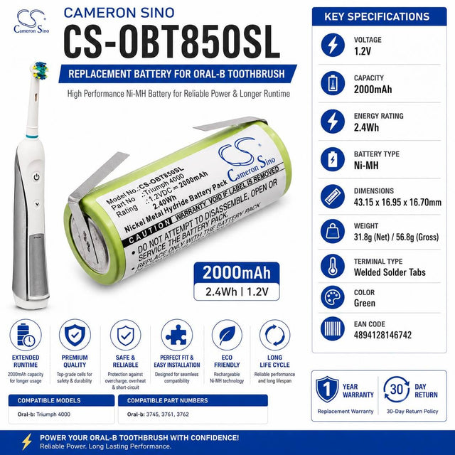 1.2V, Ni-MH, 2000mAh, Toothbrush battery fits Oral-b, 3745, Triumph 4000, 2.4Wh Toothbrush Cameron Sino Technology Limited