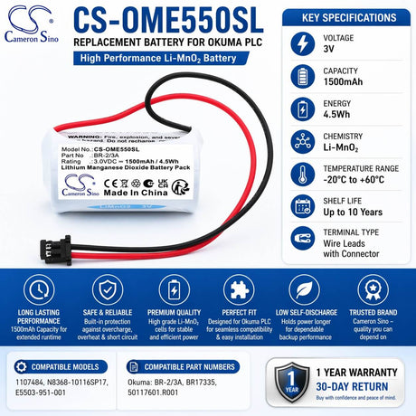 3V, Li-MnO2, 1500mAh, PLC battery fits Okuma, BR-2/3A, 1107484, N8368-10116SP17, 4.5Wh PLC Cameron Sino Technology Limited
