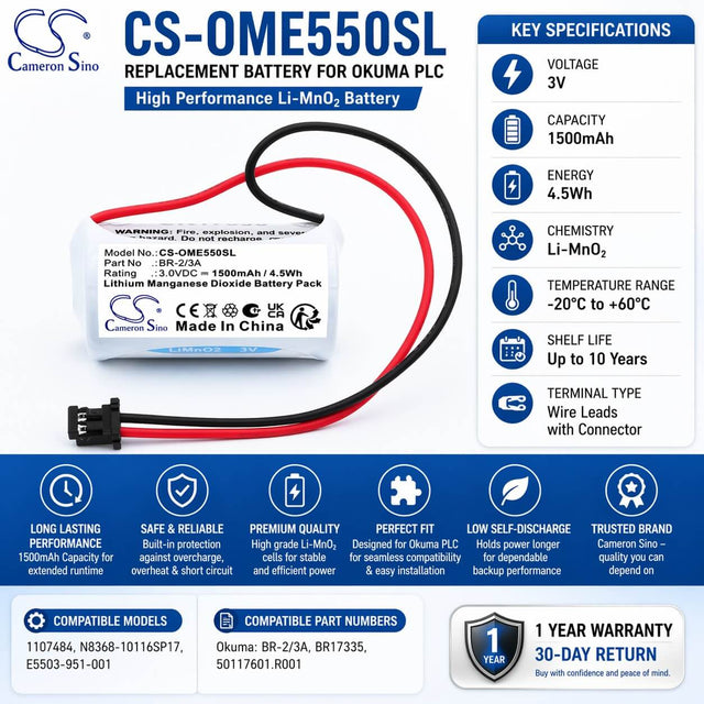 3V, Li-MnO2, 1500mAh, PLC battery fits Okuma, BR-2/3A, 1107484, N8368-10116SP17, 4.5Wh PLC Cameron Sino Technology Limited