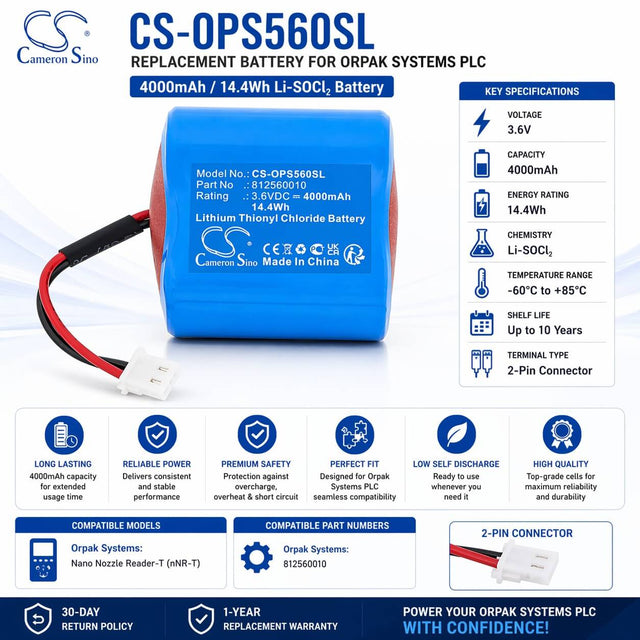 3.6V, Li-SOCl2, 4000mAh, PLC battery fits Orpak Systems, 812560010, Nano Nozzle Reader-T, nNR-T, 14.4Wh PLC Cameron Sino Technology Limited