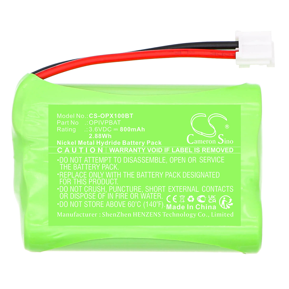 3.6V, Ni-MH, 800mAh, Alarm System battery fits Optex, OPIVPBAT, iVision+ handheld monitor, 2.88Wh Alarm System Cameron Sino Technology Limited