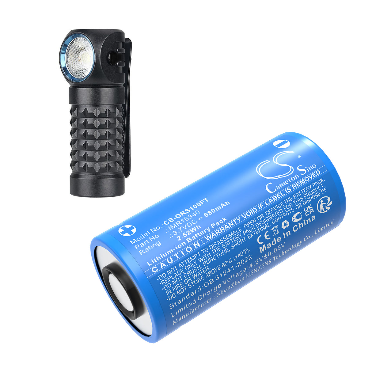3.7V, Li-ion, 680mAh, Flashlight battery fits Olight, Imr16340, Baton 3, Perun Mini, 2.52Wh Flashlight Cameron Sino Technology Limited