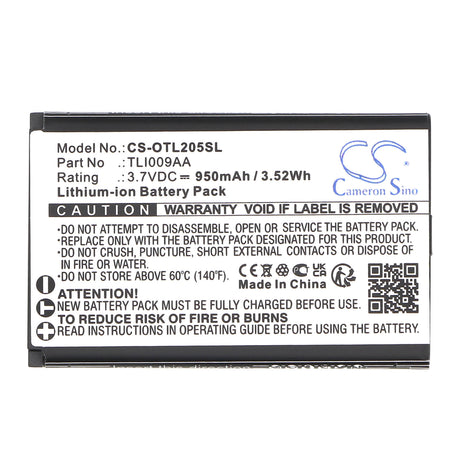 3,7V, Li-ion, 950mAh, batterie de téléphone mobile, smartphone compatible avec Alcatel, One Touch 2053, Ot-2038x, 3,52Wh Mobile, Smartphone Cameron Sino Technology Limited (Smartphone)