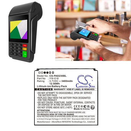 3.7V, Li-Polymer, 3400mAh, Payment Terminal battery fits Pax, Yw-018, D230, 12.58Wh Payment Terminal Cameron Sino Technology Limited